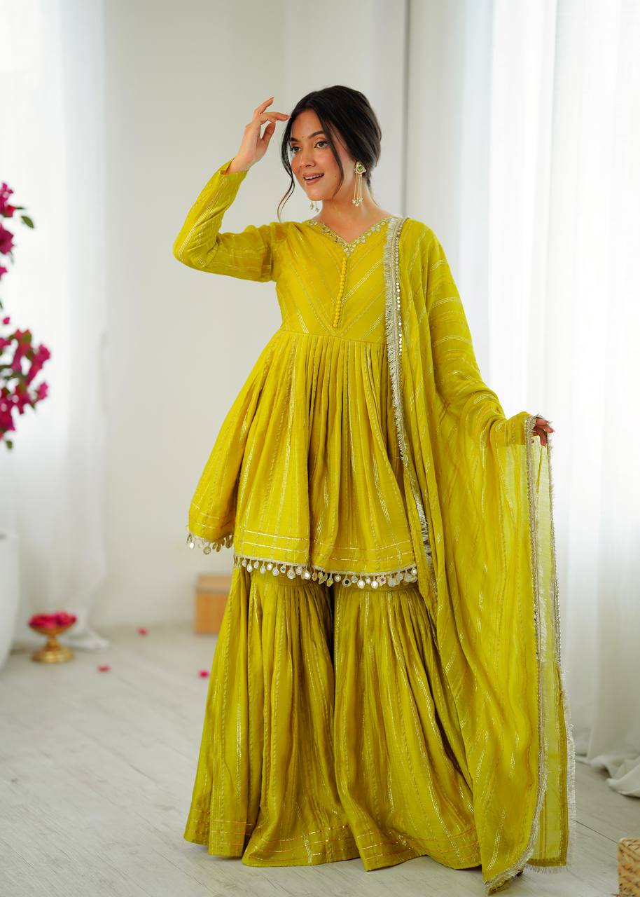 White Mal Chanderi Sharara Suit with Mirror Work