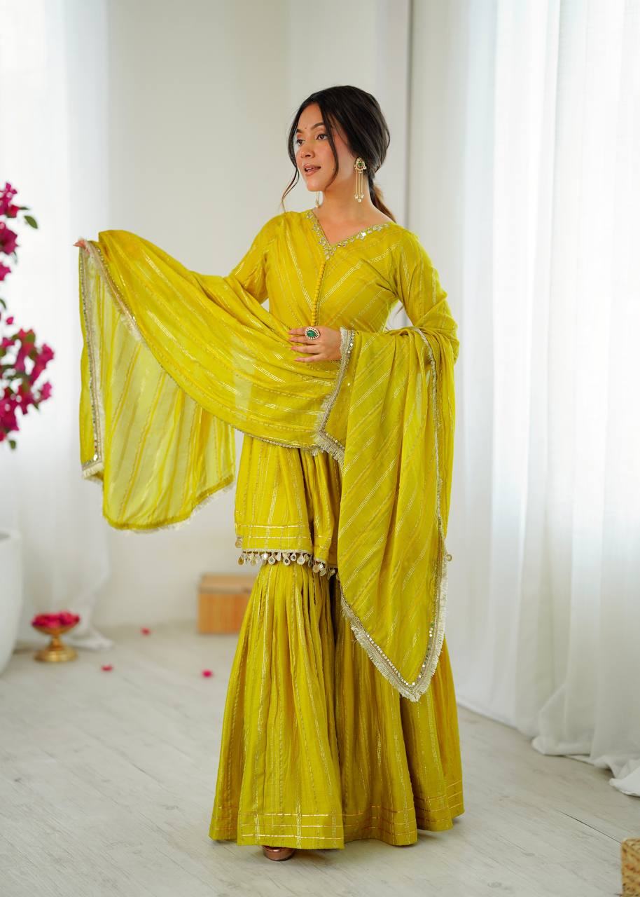 White Mal Chanderi Sharara Suit with Mirror Work