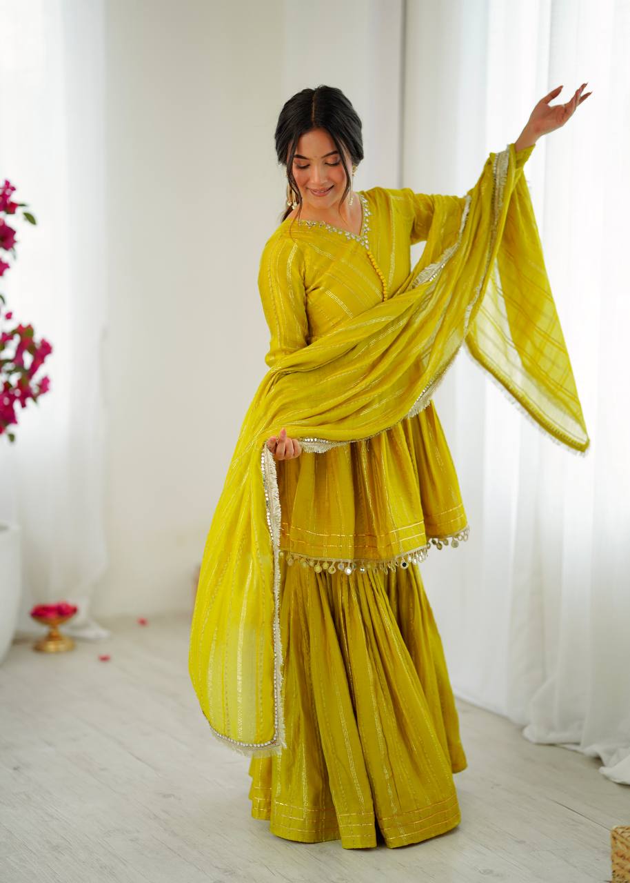 White Mal Chanderi Sharara Suit with Mirror Work