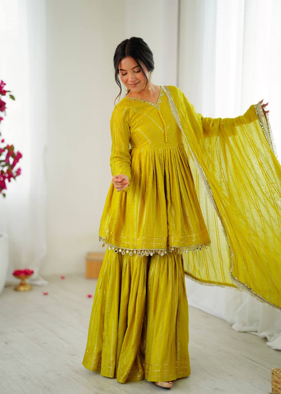 White Mal Chanderi Sharara Suit with Mirror Work
