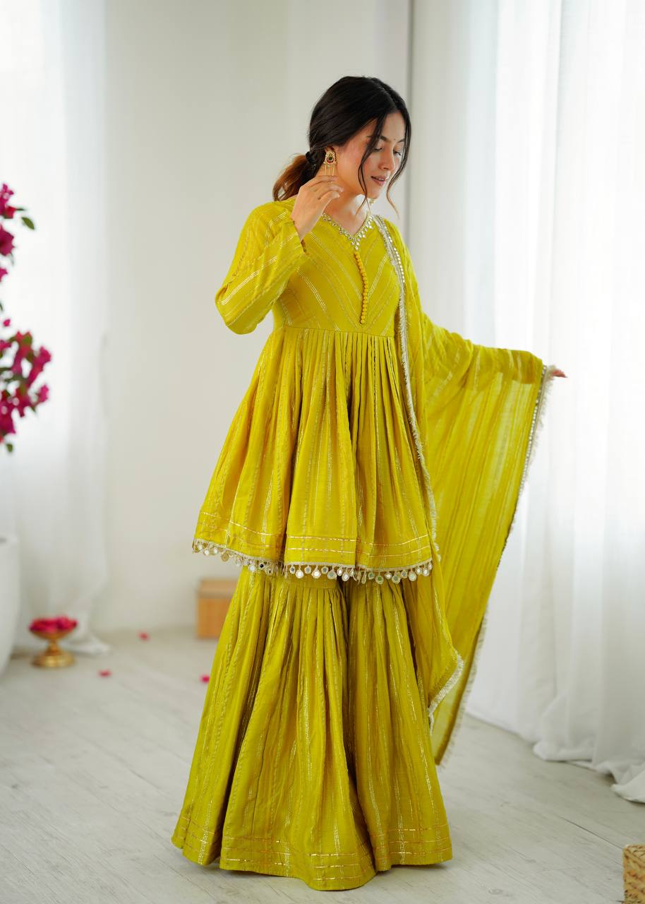 White Mal Chanderi Sharara Suit with Mirror Work