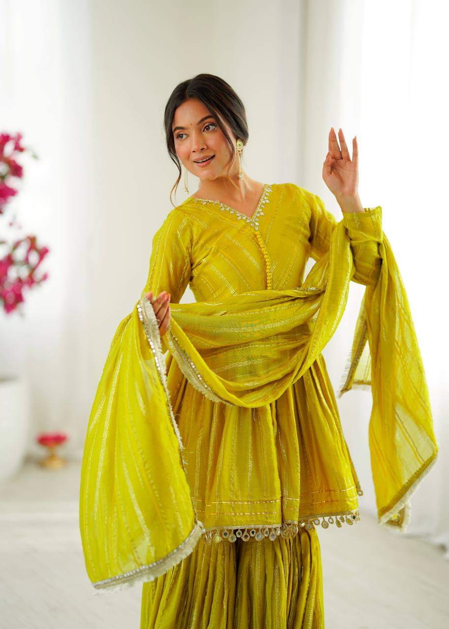 White Mal Chanderi Sharara Suit with Mirror Work