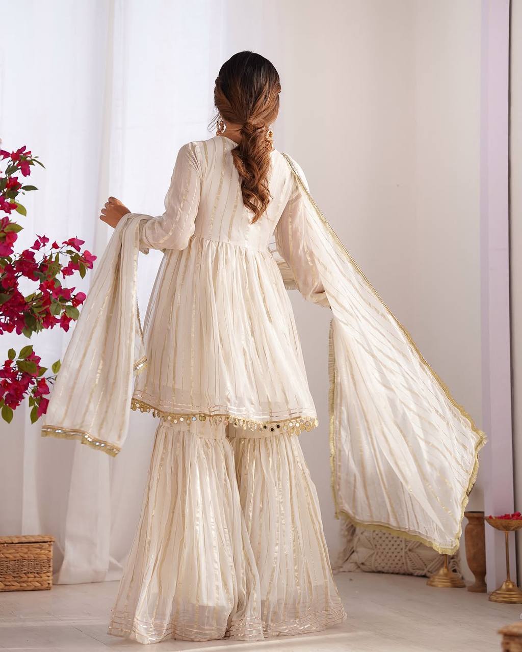 White Mal Chanderi Sharara Suit with Mirror Work