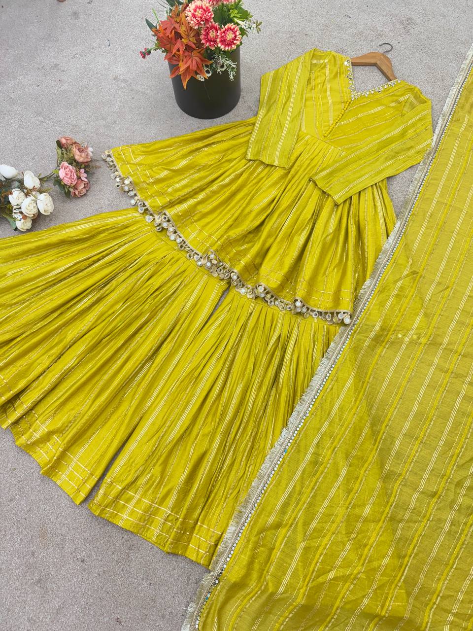 White Mal Chanderi Sharara Suit with Mirror Work