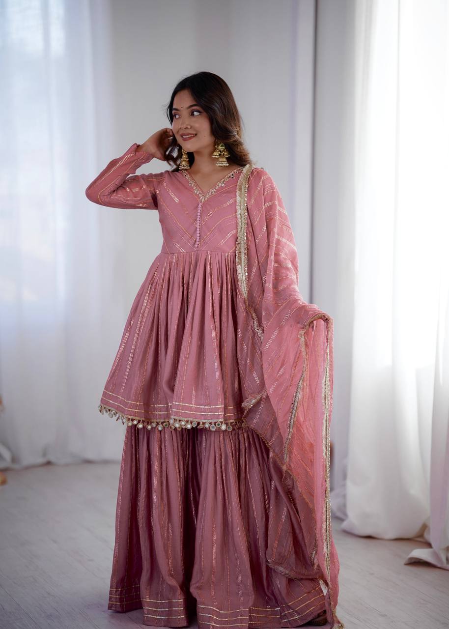 White Mal Chanderi Sharara Suit with Mirror Work