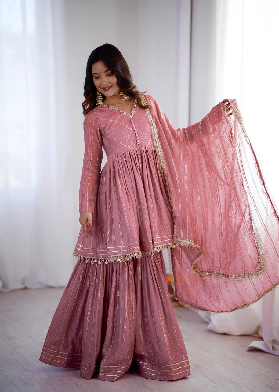 White Mal Chanderi Sharara Suit with Mirror Work