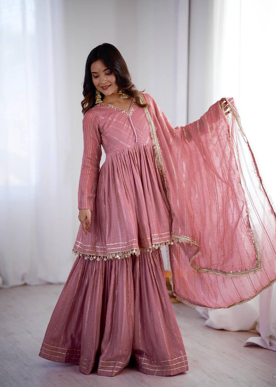 White Mal Chanderi Sharara Suit with Mirror Work