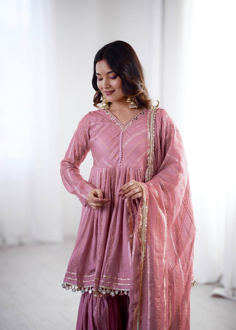 White Mal Chanderi Sharara Suit with Mirror Work