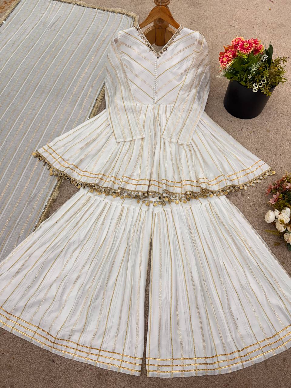 White Mal Chanderi Sharara Suit with Mirror Work