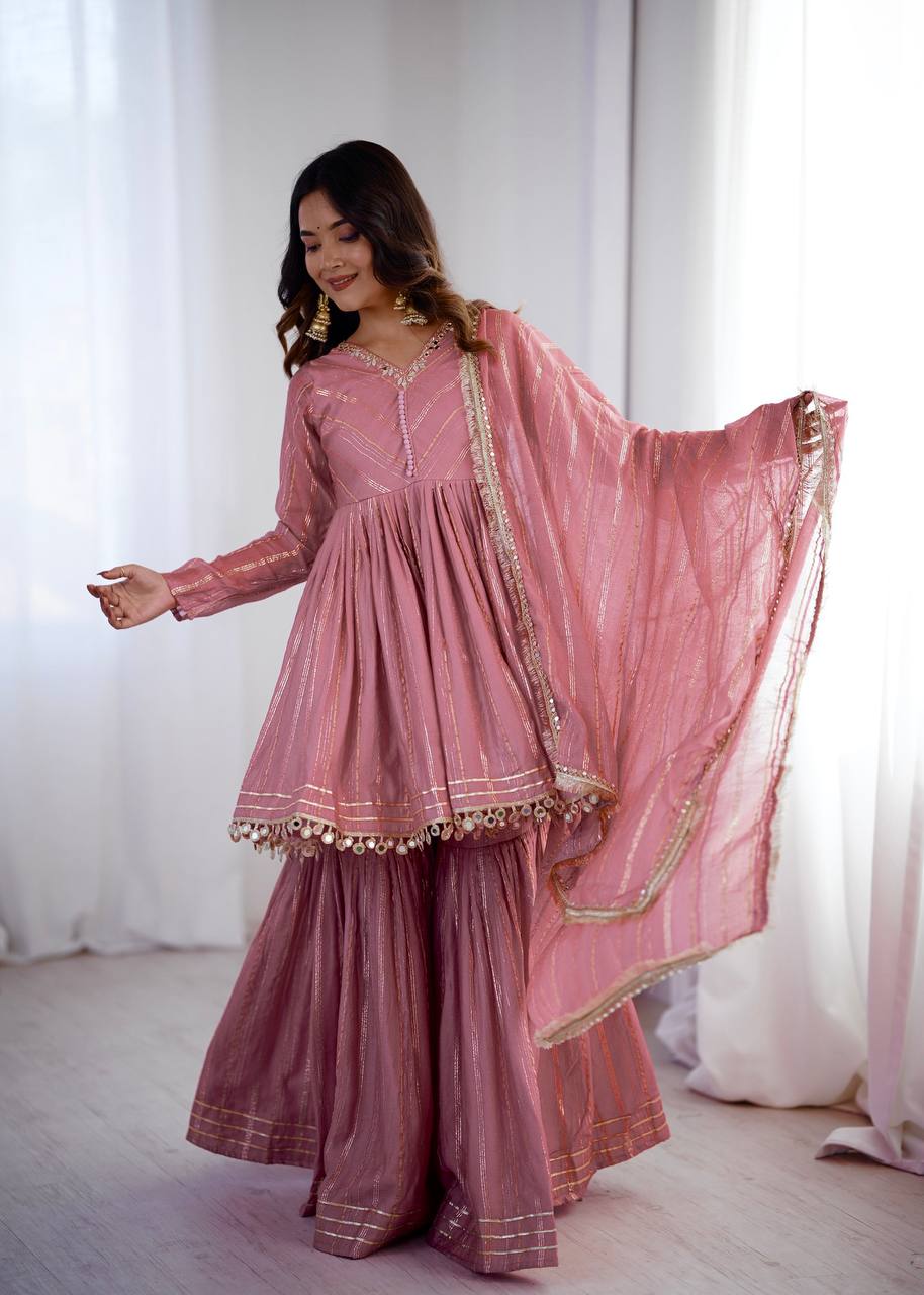 White Mal Chanderi Sharara Suit with Mirror Work