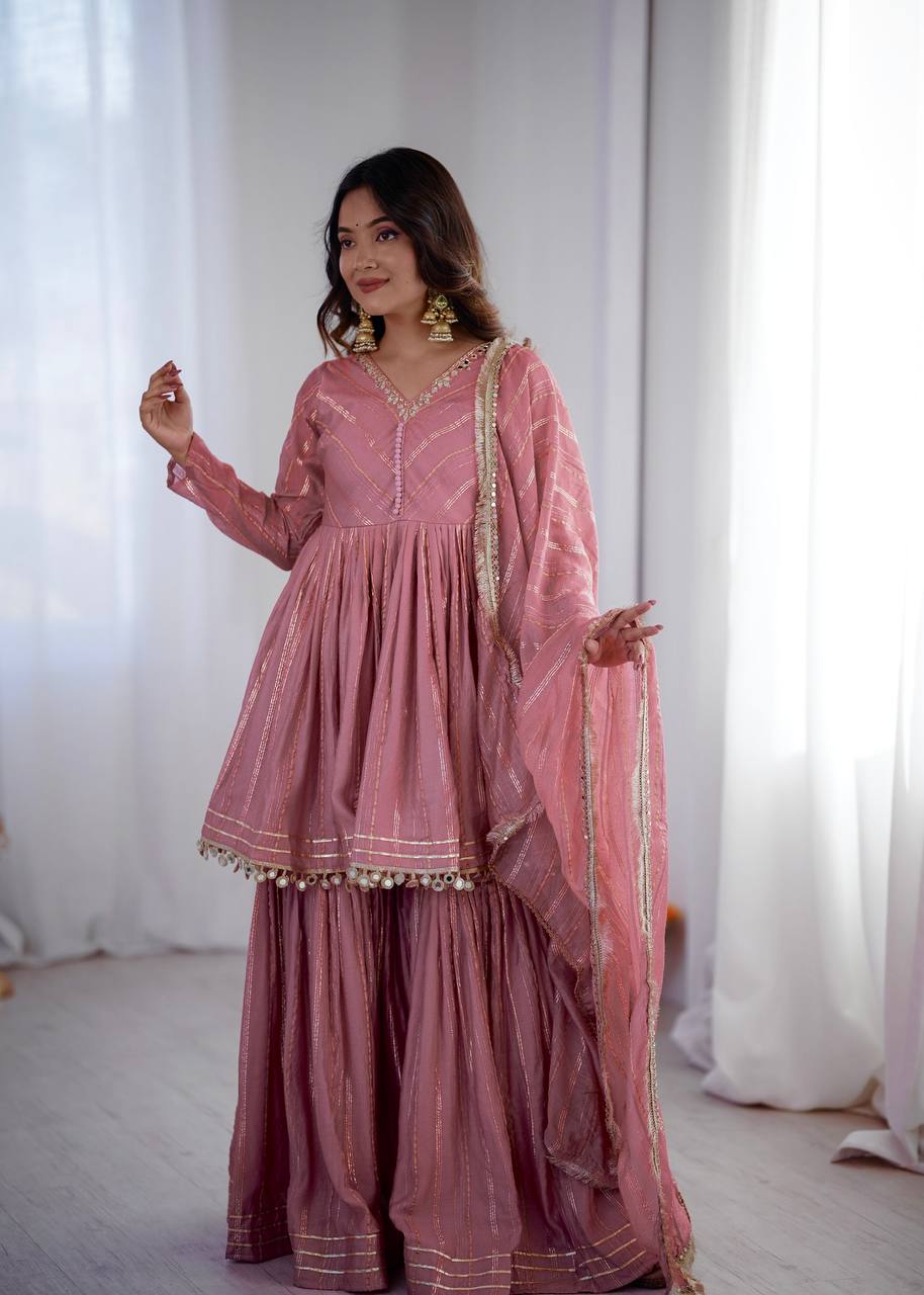 White Mal Chanderi Sharara Suit with Mirror Work