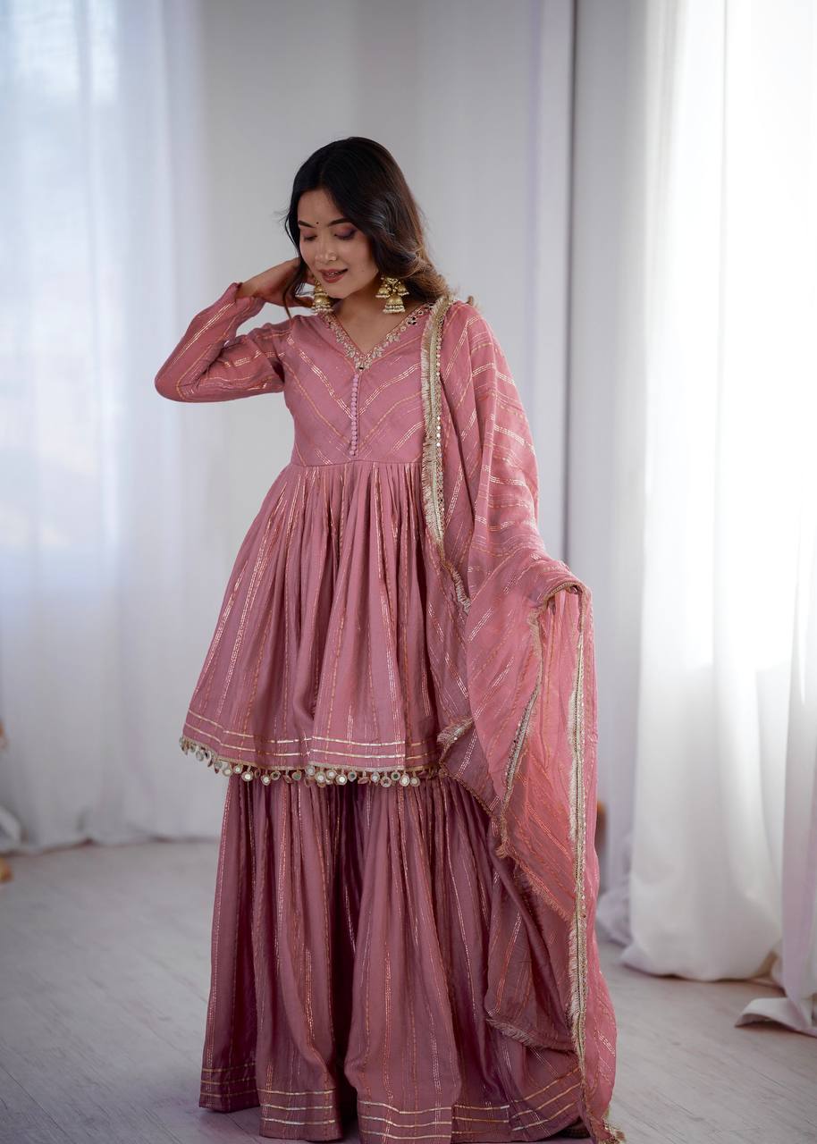 White Mal Chanderi Sharara Suit with Mirror Work
