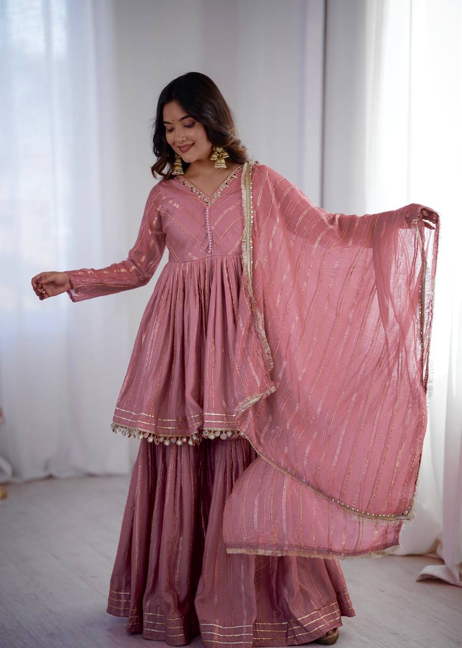 White Mal Chanderi Sharara Suit with Mirror Work