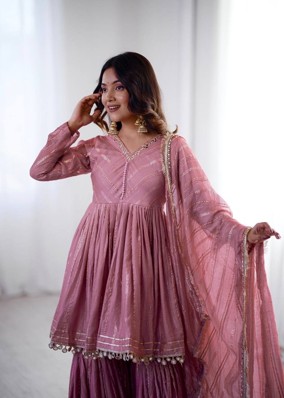 White Mal Chanderi Sharara Suit with Mirror Work