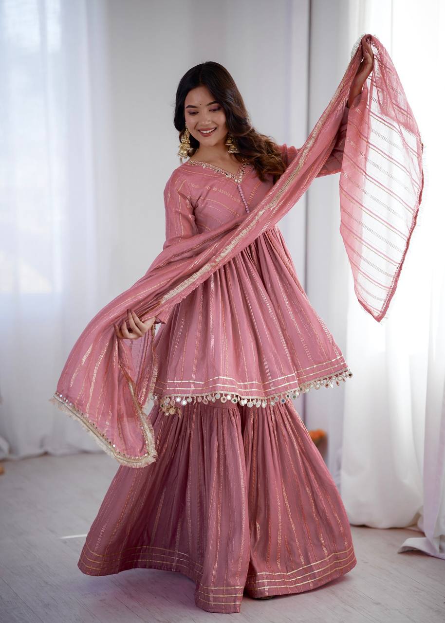 White Mal Chanderi Sharara Suit with Mirror Work