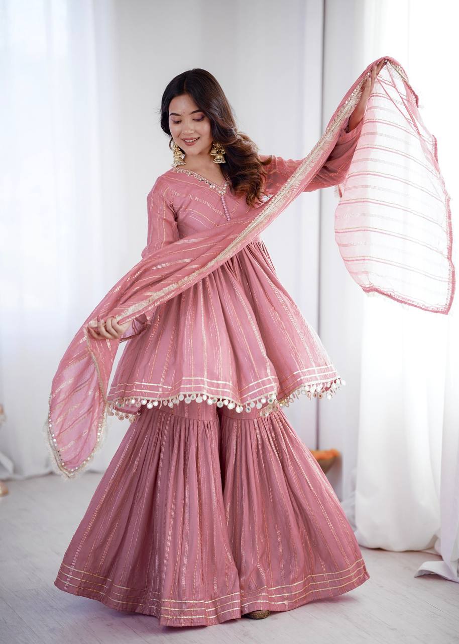 White Mal Chanderi Sharara Suit with Mirror Work
