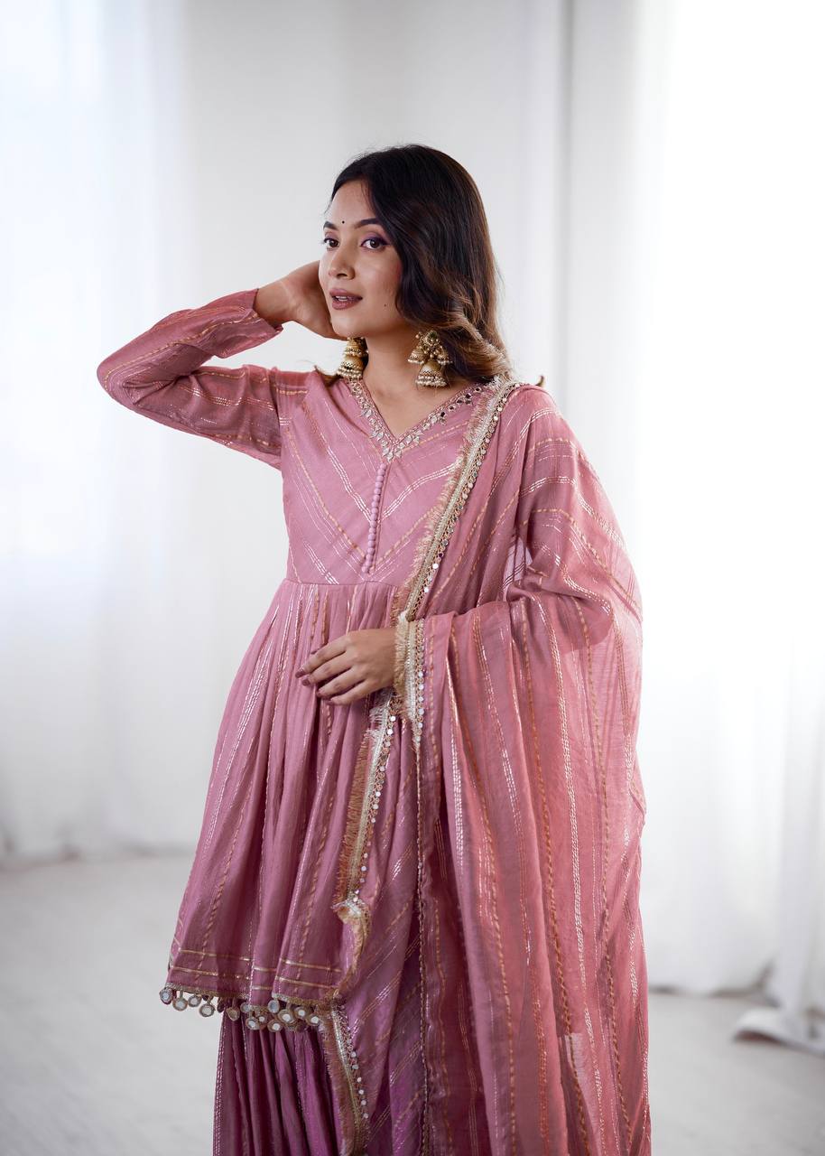 White Mal Chanderi Sharara Suit with Mirror Work