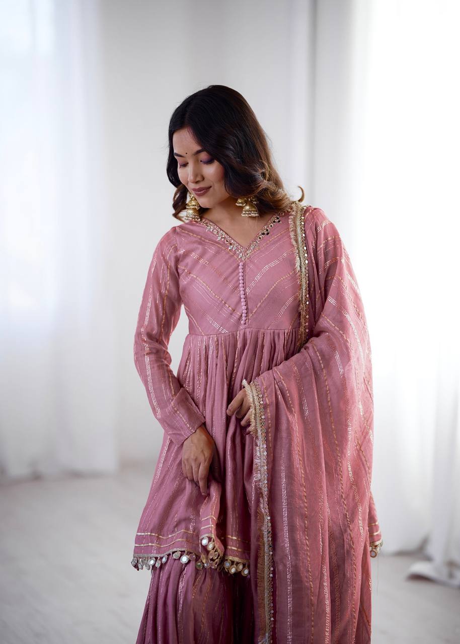 White Mal Chanderi Sharara Suit with Mirror Work