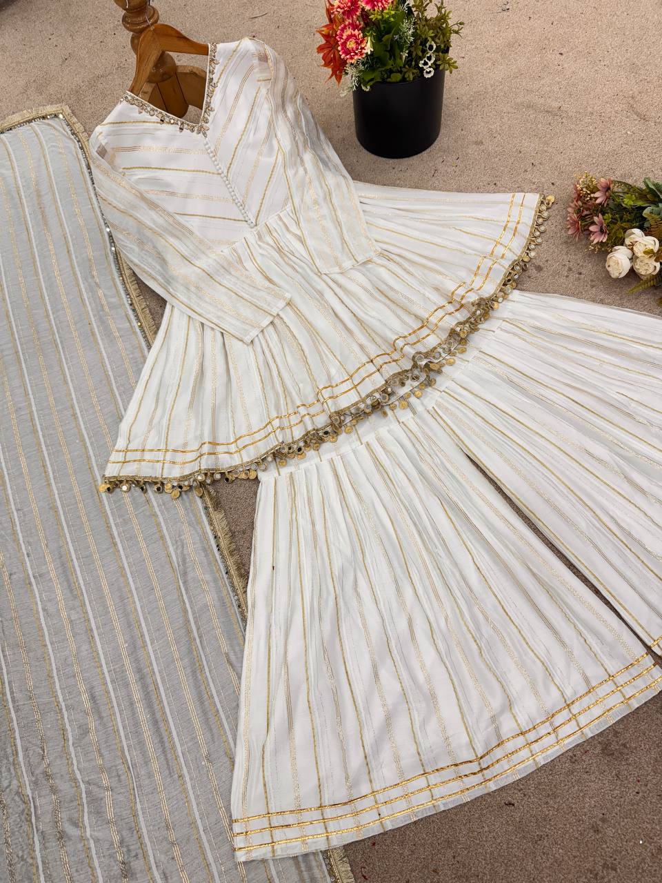 White Mal Chanderi Sharara Suit with Mirror Work
