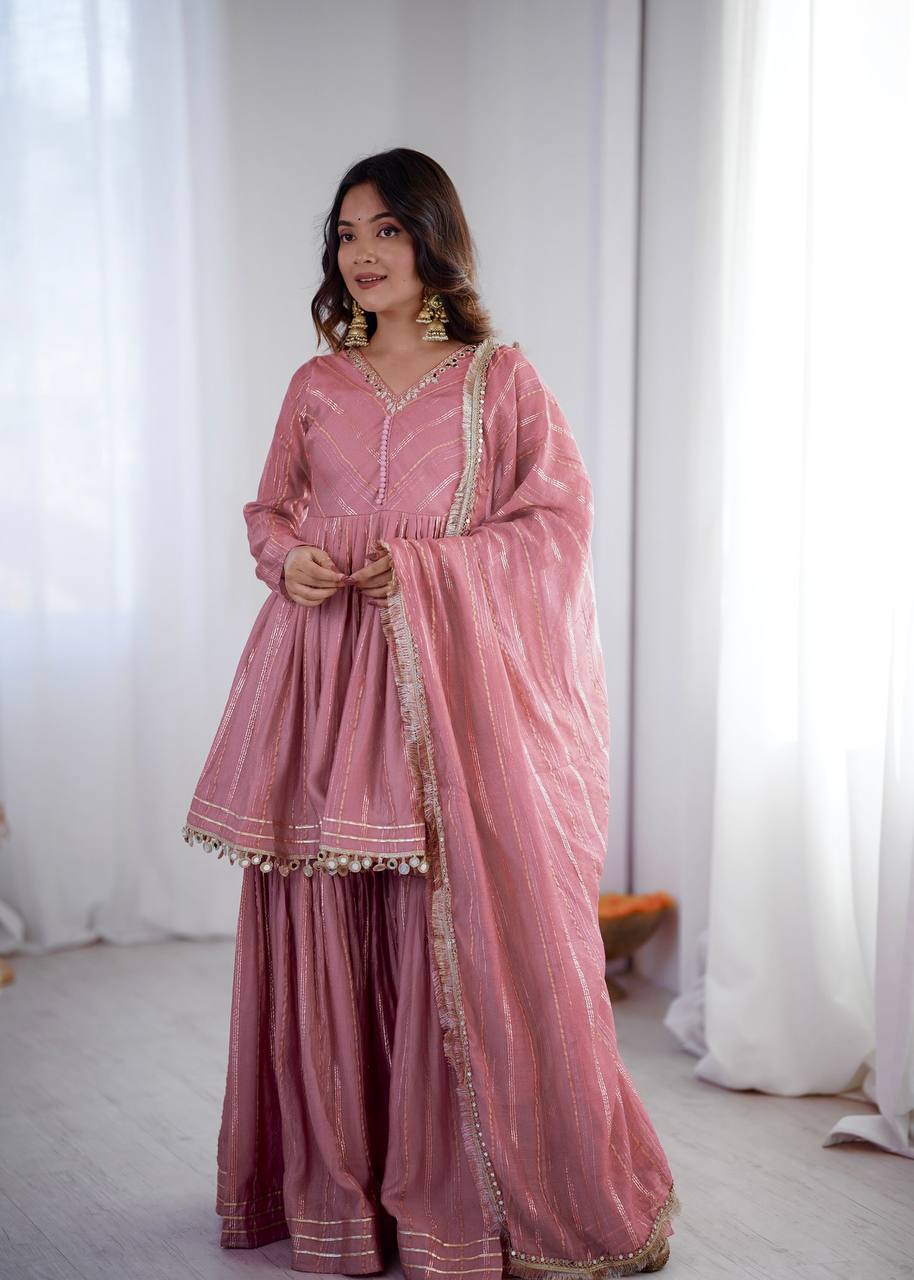 White Mal Chanderi Sharara Suit with Mirror Work