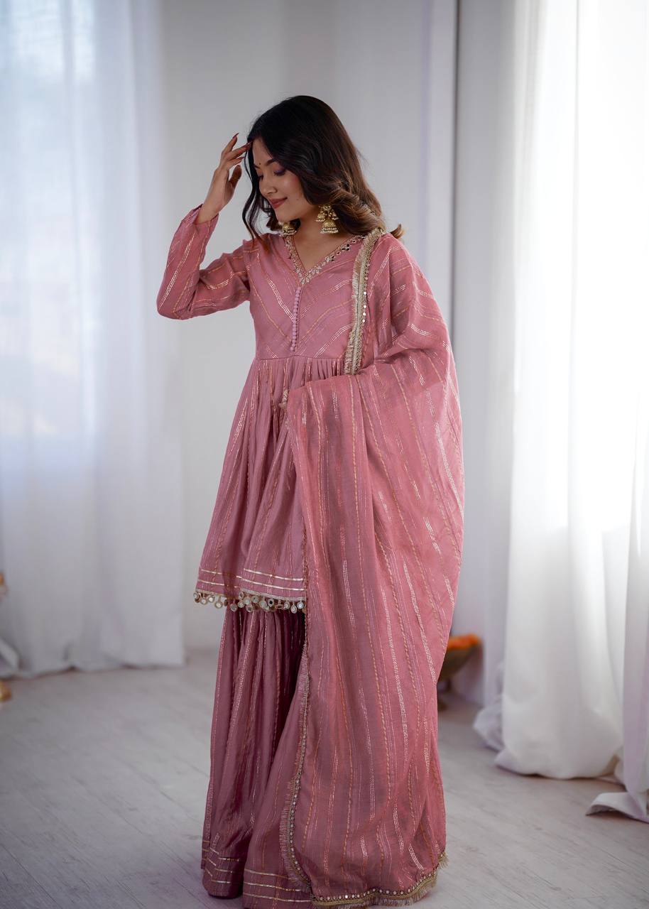 White Mal Chanderi Sharara Suit with Mirror Work