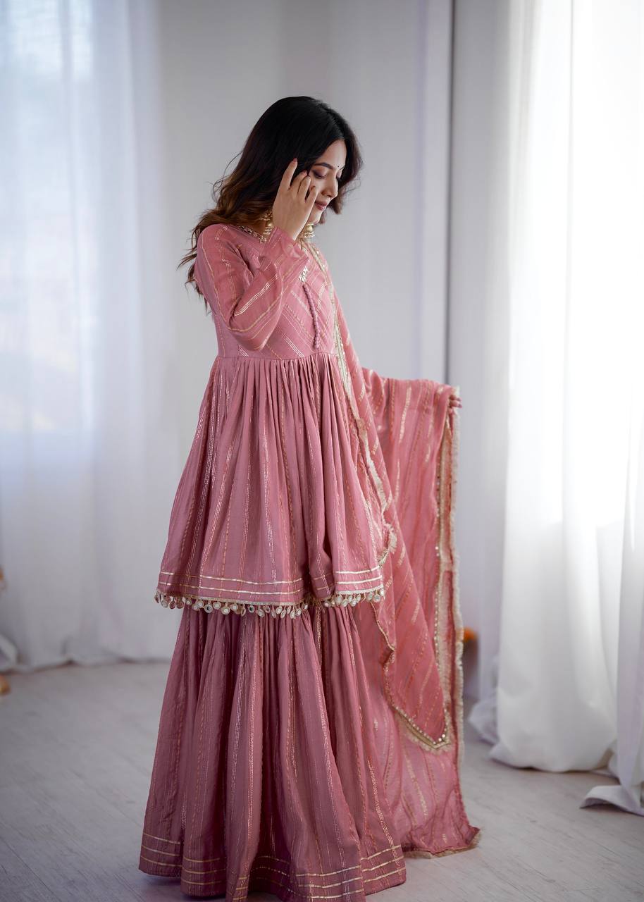 White Mal Chanderi Sharara Suit with Mirror Work