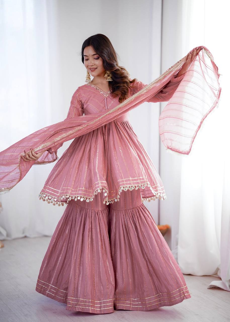 White Mal Chanderi Sharara Suit with Mirror Work