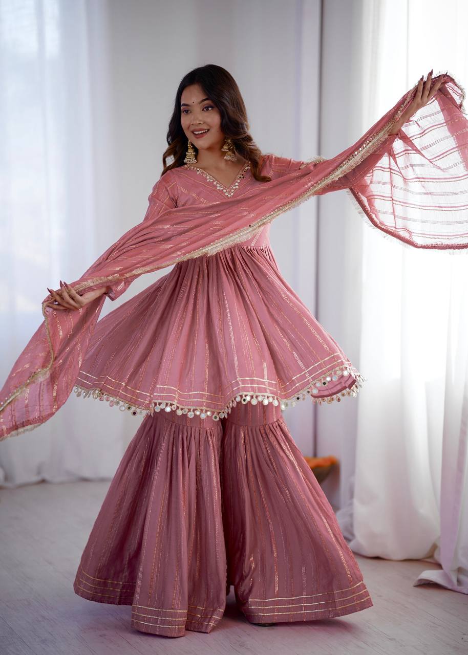 White Mal Chanderi Sharara Suit with Mirror Work