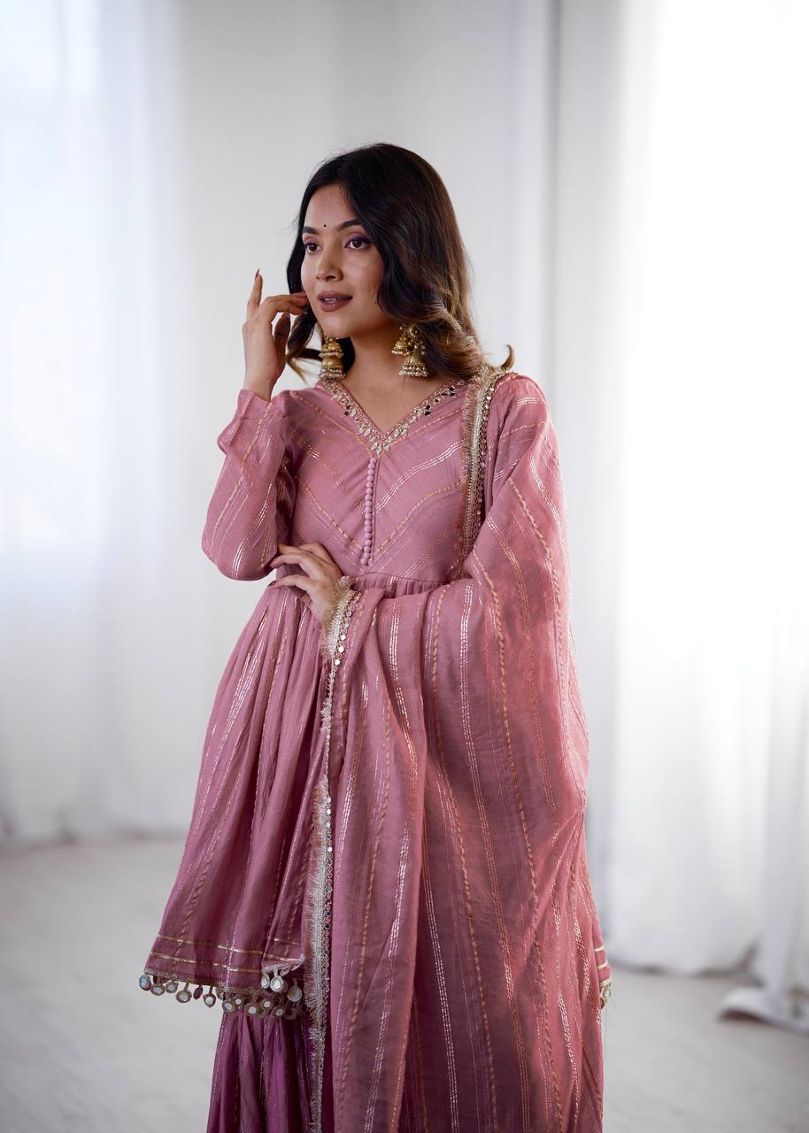 White Mal Chanderi Sharara Suit with Mirror Work
