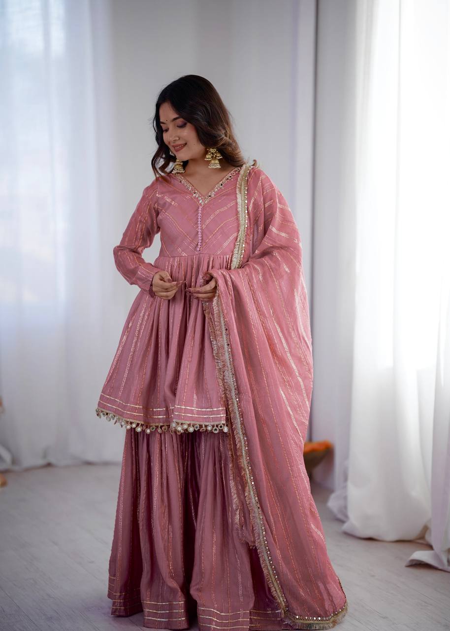White Mal Chanderi Sharara Suit with Mirror Work