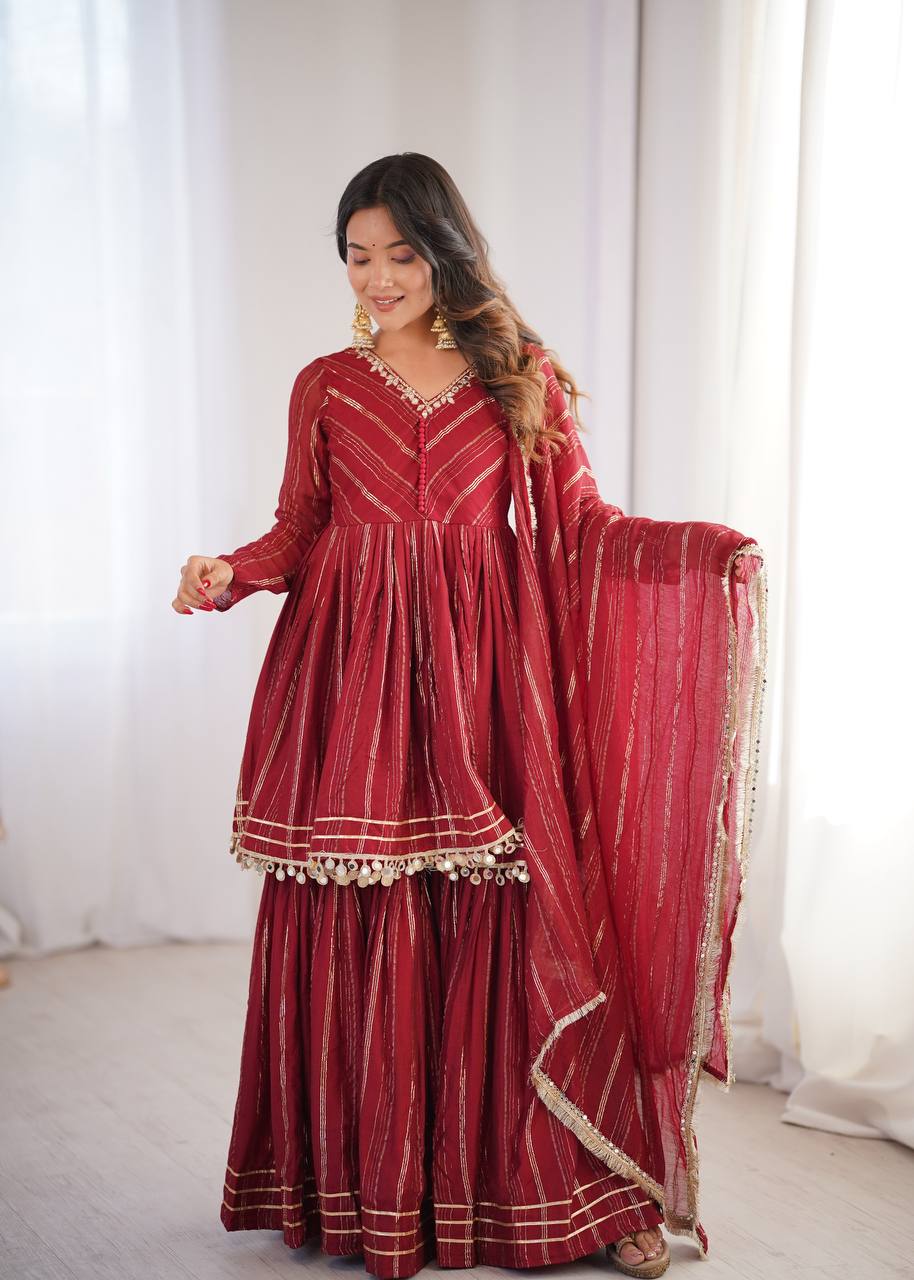 White Mal Chanderi Sharara Suit with Mirror Work