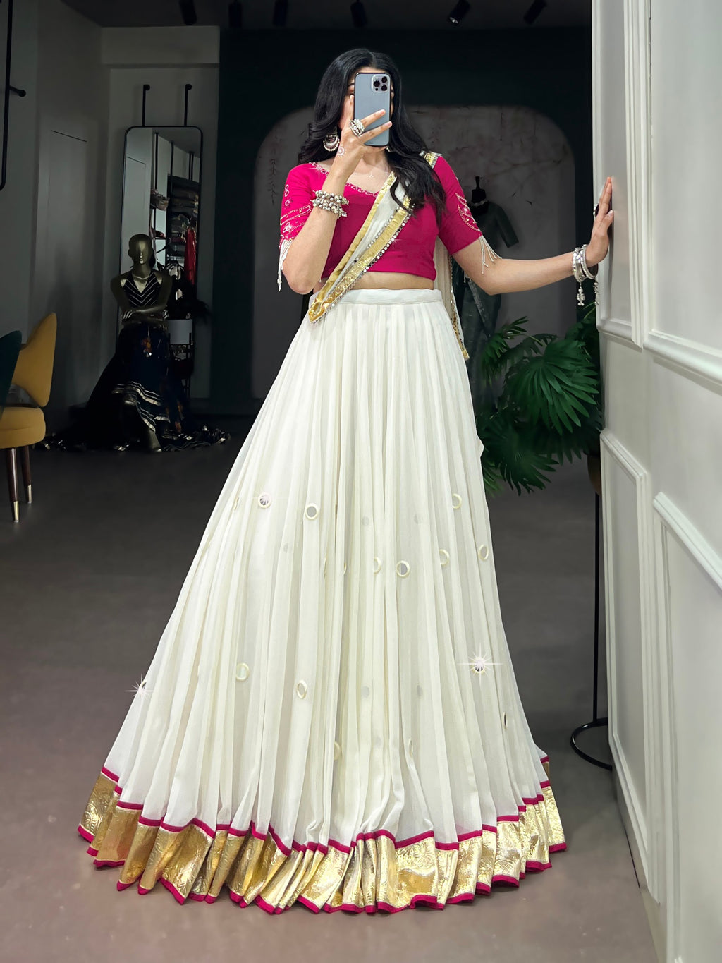 White Mirror Work Lehenga Choli with Pink Blouse
