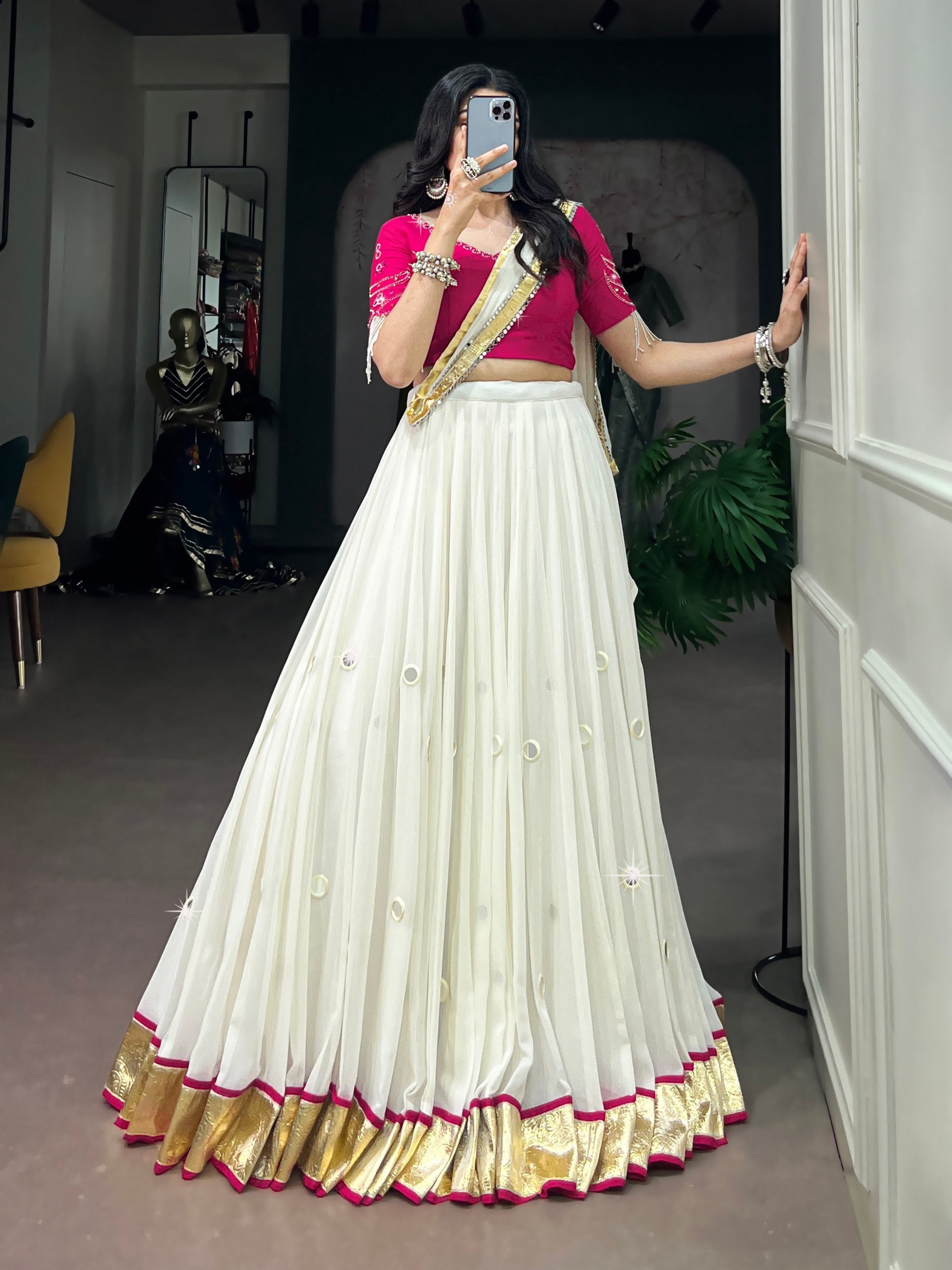 White Mirror Work Lehenga Choli with Pink Blouse