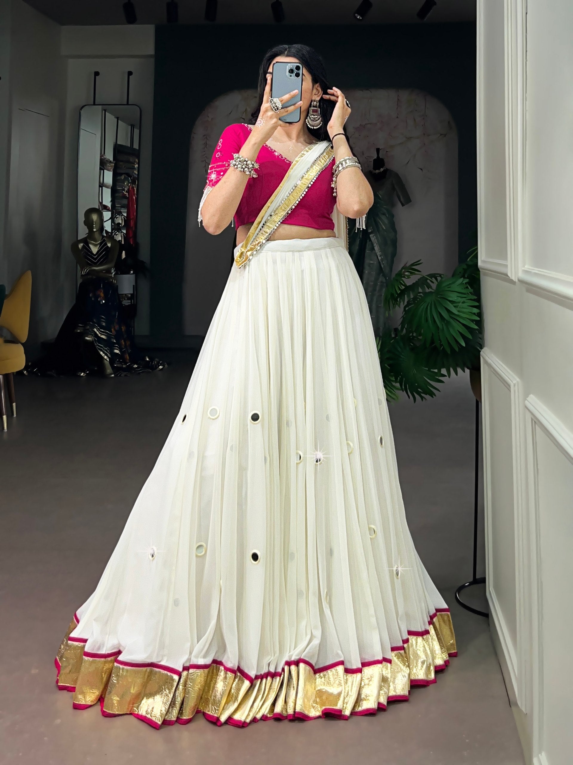White Mirror Work Lehenga Choli with Pink Blouse