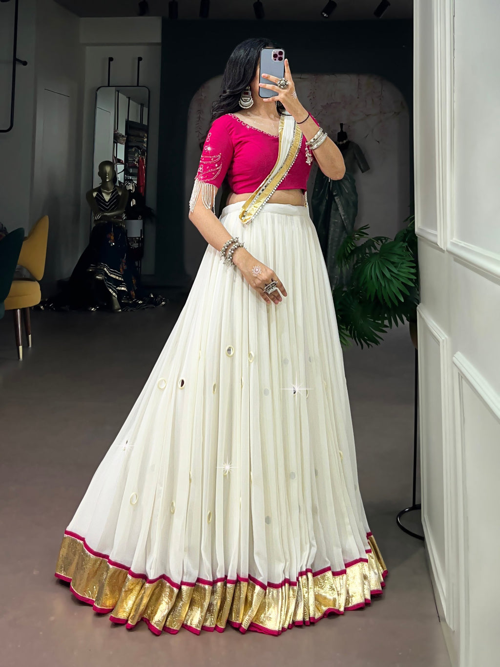 White Mirror Work Lehenga Choli with Pink Blouse