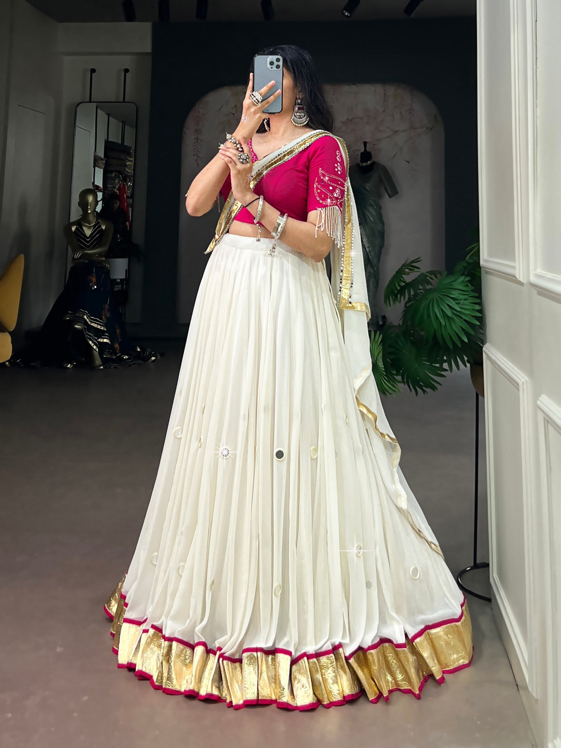 White Mirror Work Lehenga Choli with Pink Blouse