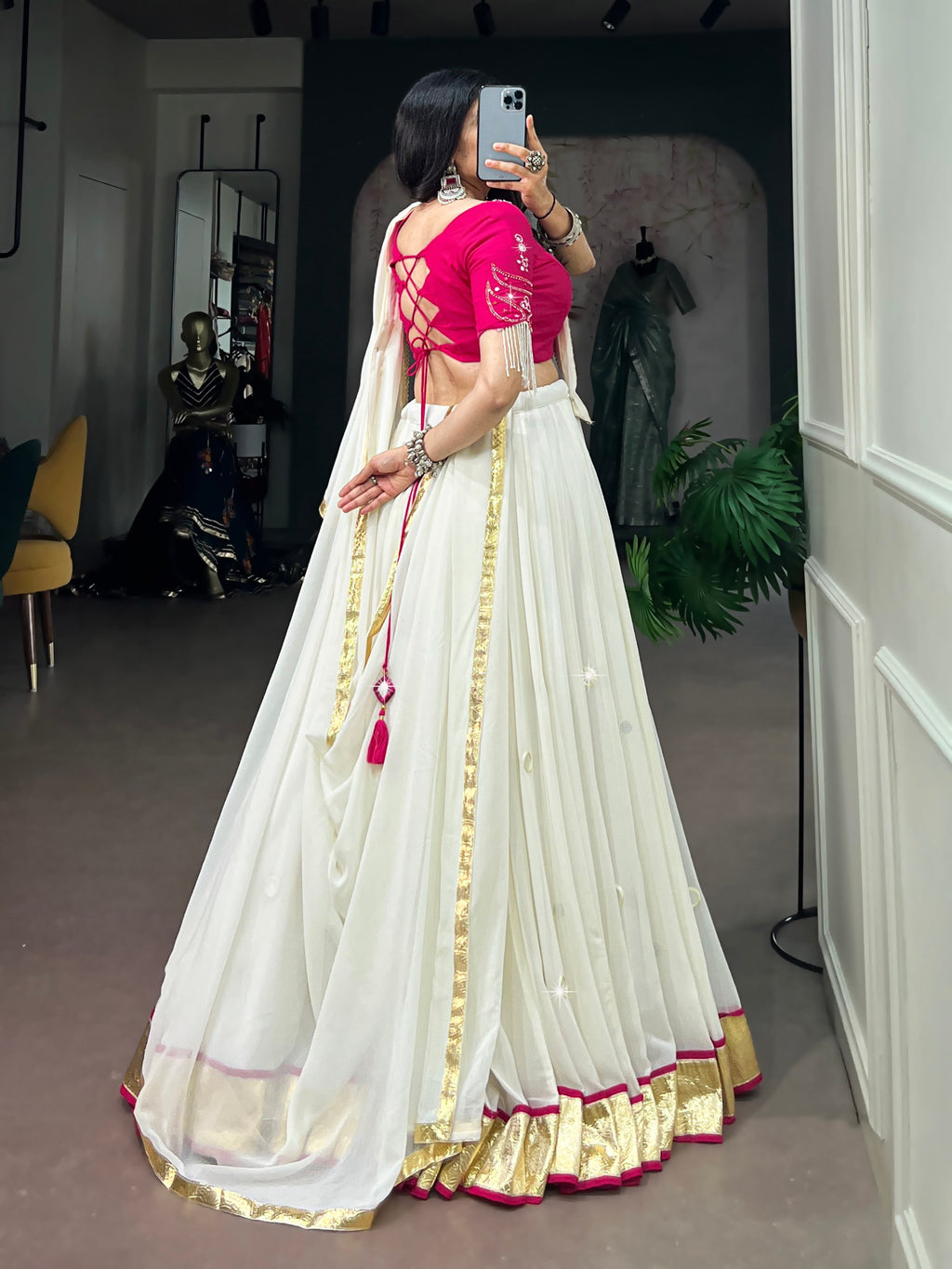 White Mirror Work Lehenga Choli with Pink Blouse