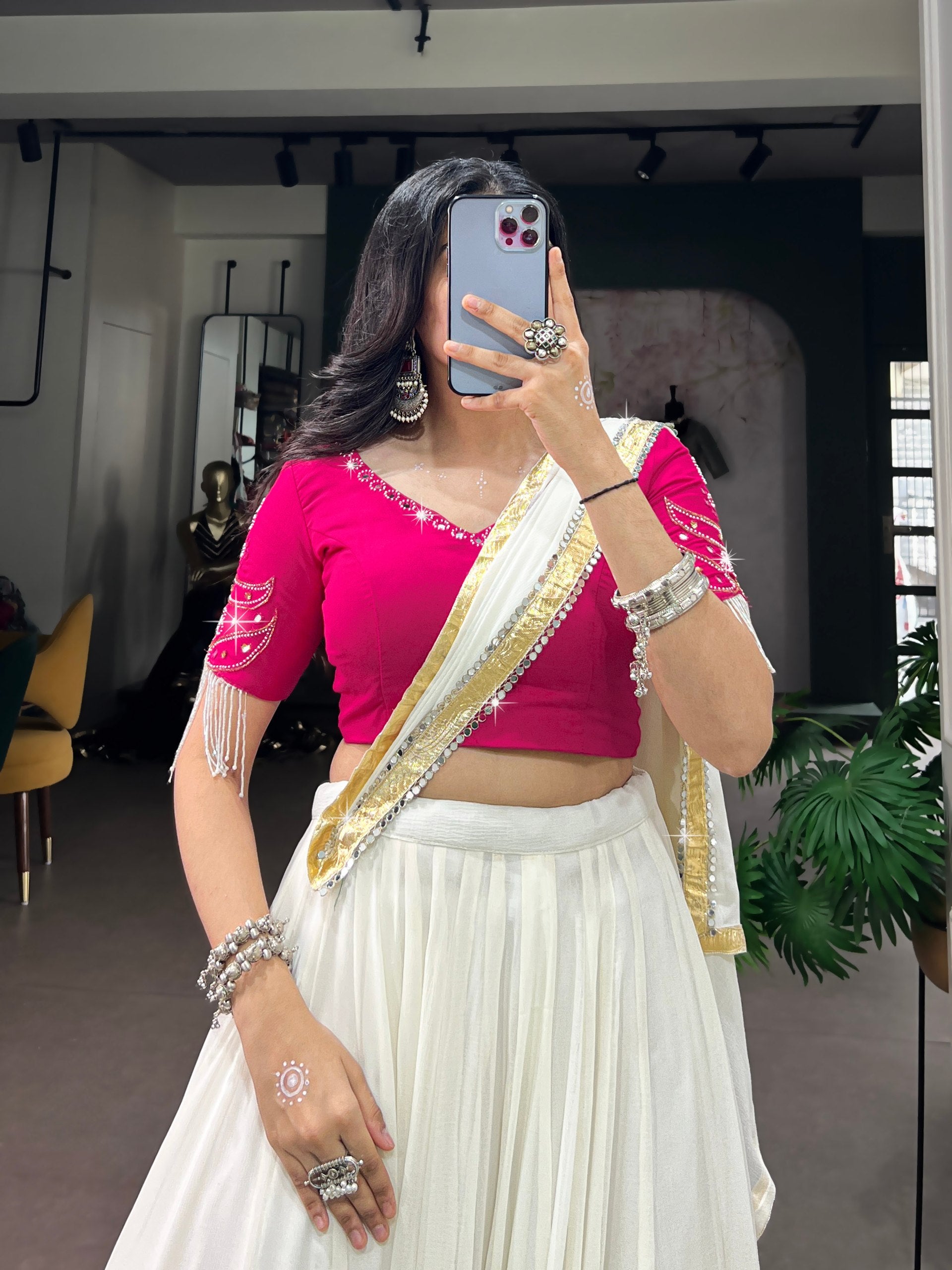 White Mirror Work Lehenga Choli with Pink Blouse