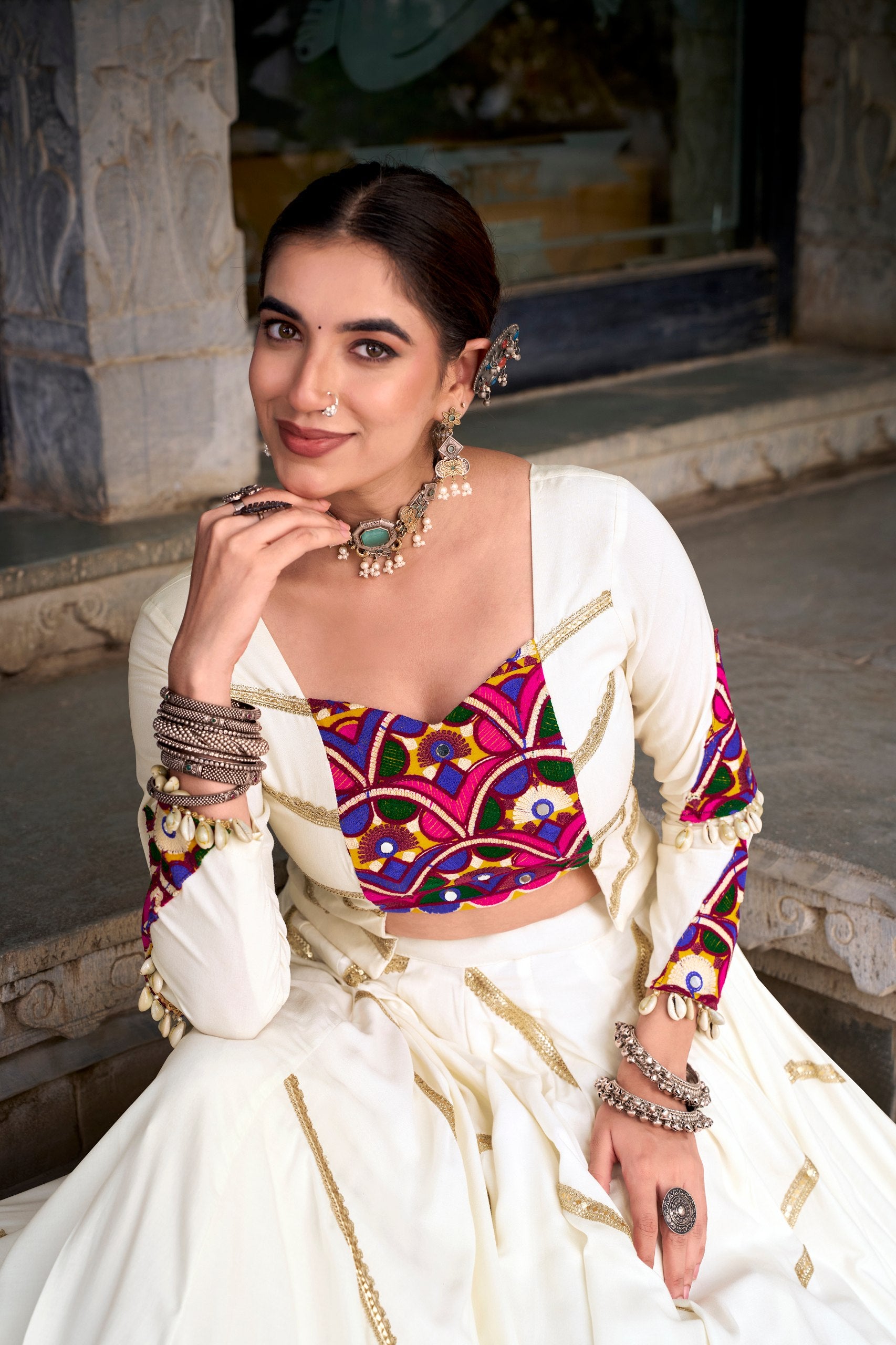 White Rayon Navratri Lehenga Choli with Mirror Work