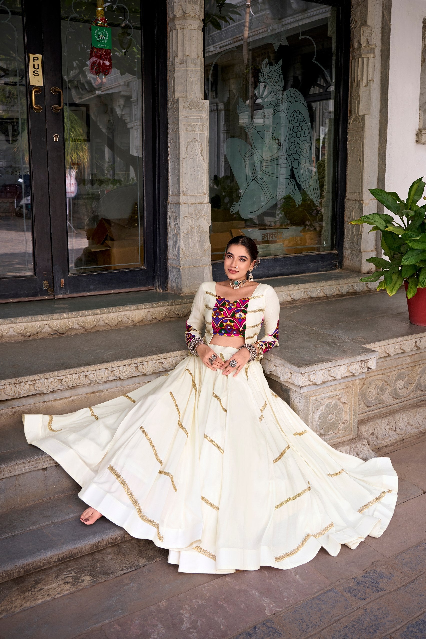 White Rayon Navratri Lehenga Choli with Mirror Work