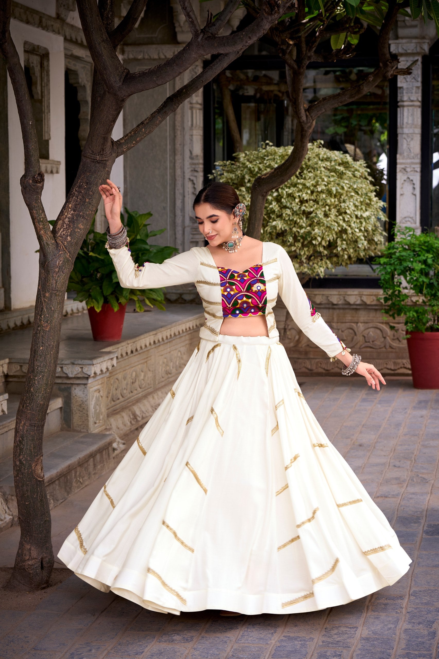 White Rayon Navratri Lehenga Choli with Mirror Work