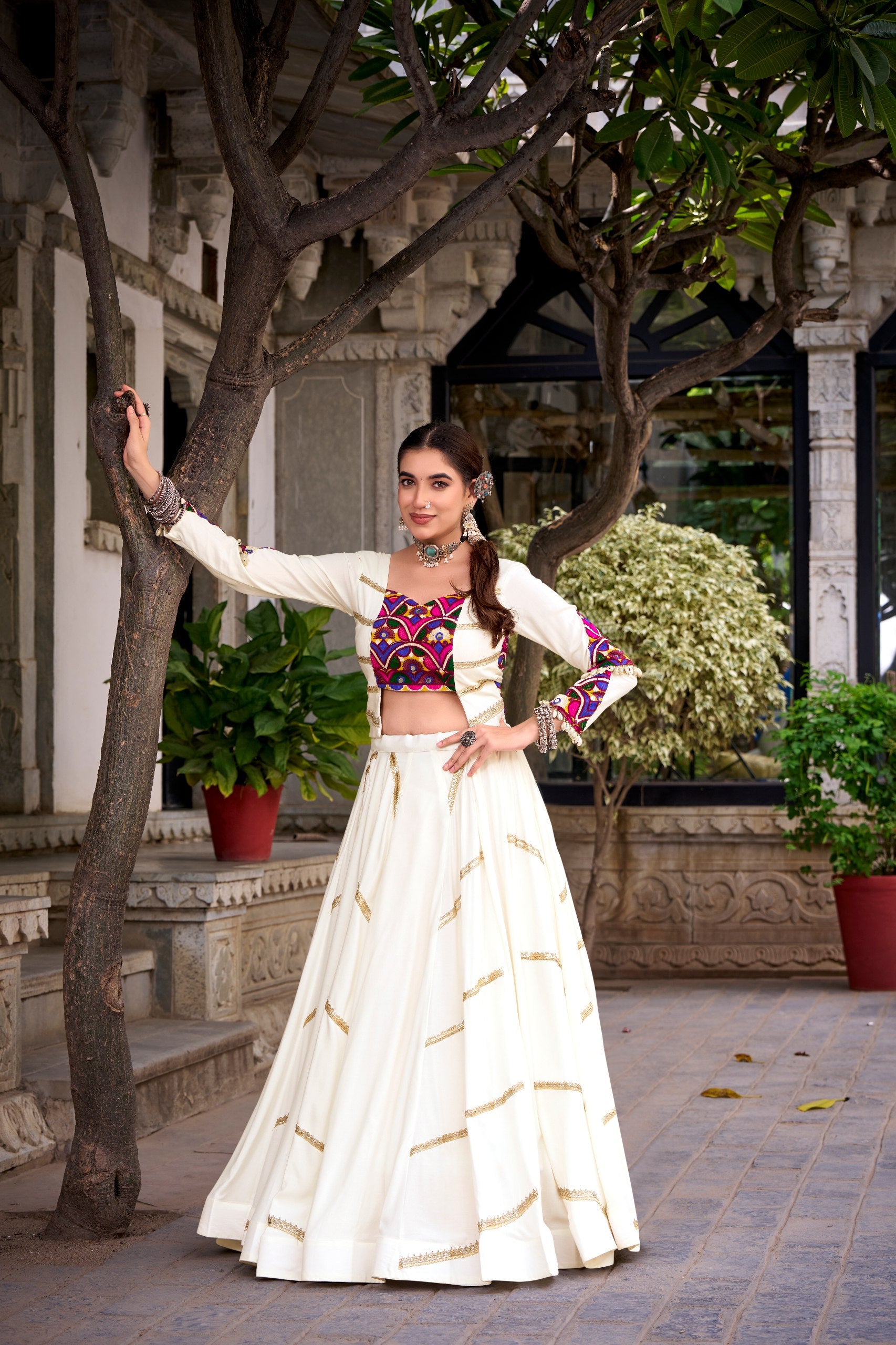 White Rayon Navratri Lehenga Choli with Mirror Work