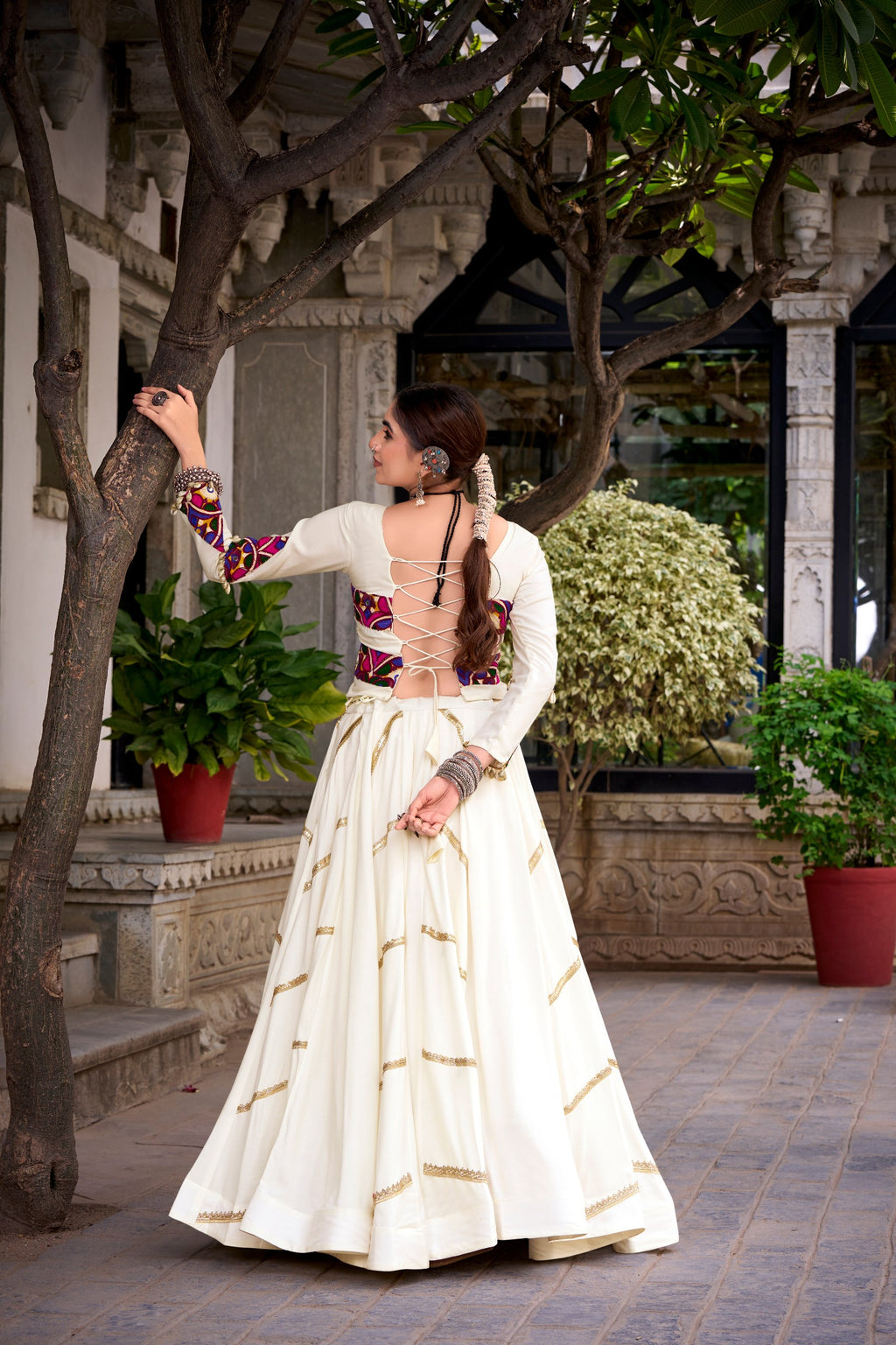 White Rayon Navratri Lehenga Choli with Mirror Work