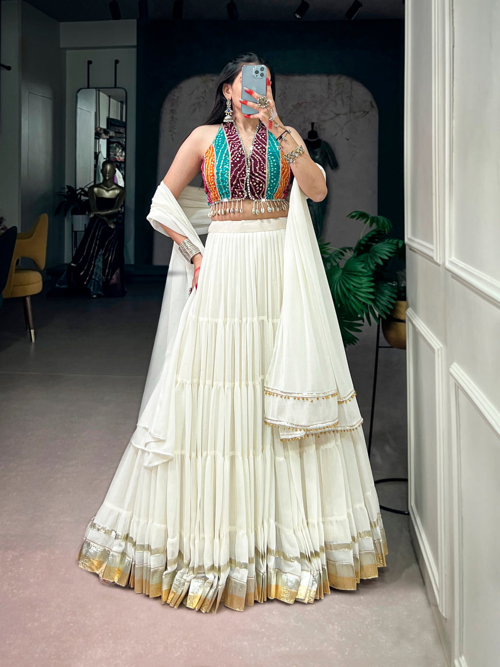 White Tiered Lehenga Choli with Bandhani Blouse