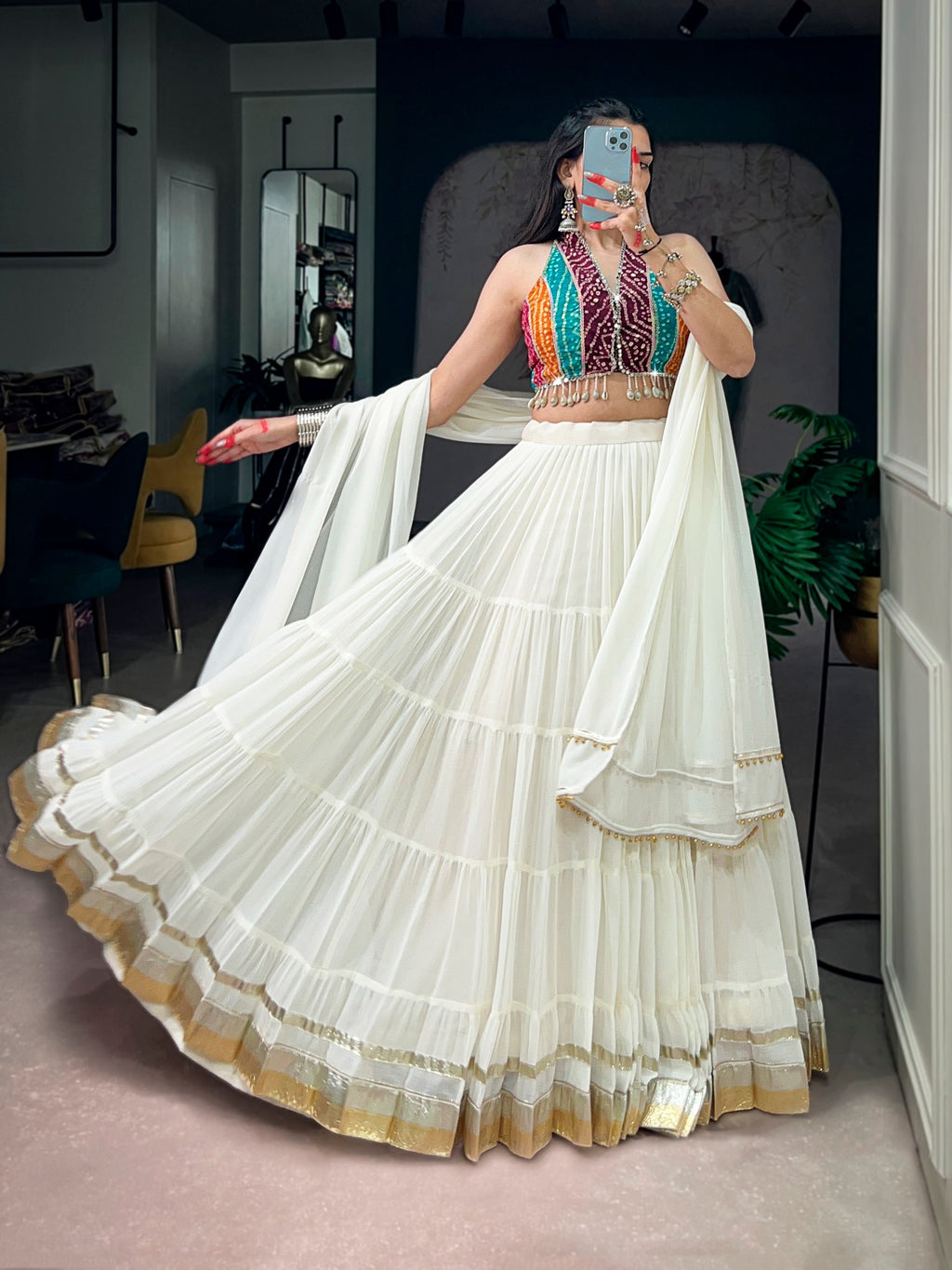 White Tiered Lehenga Choli with Bandhani Blouse