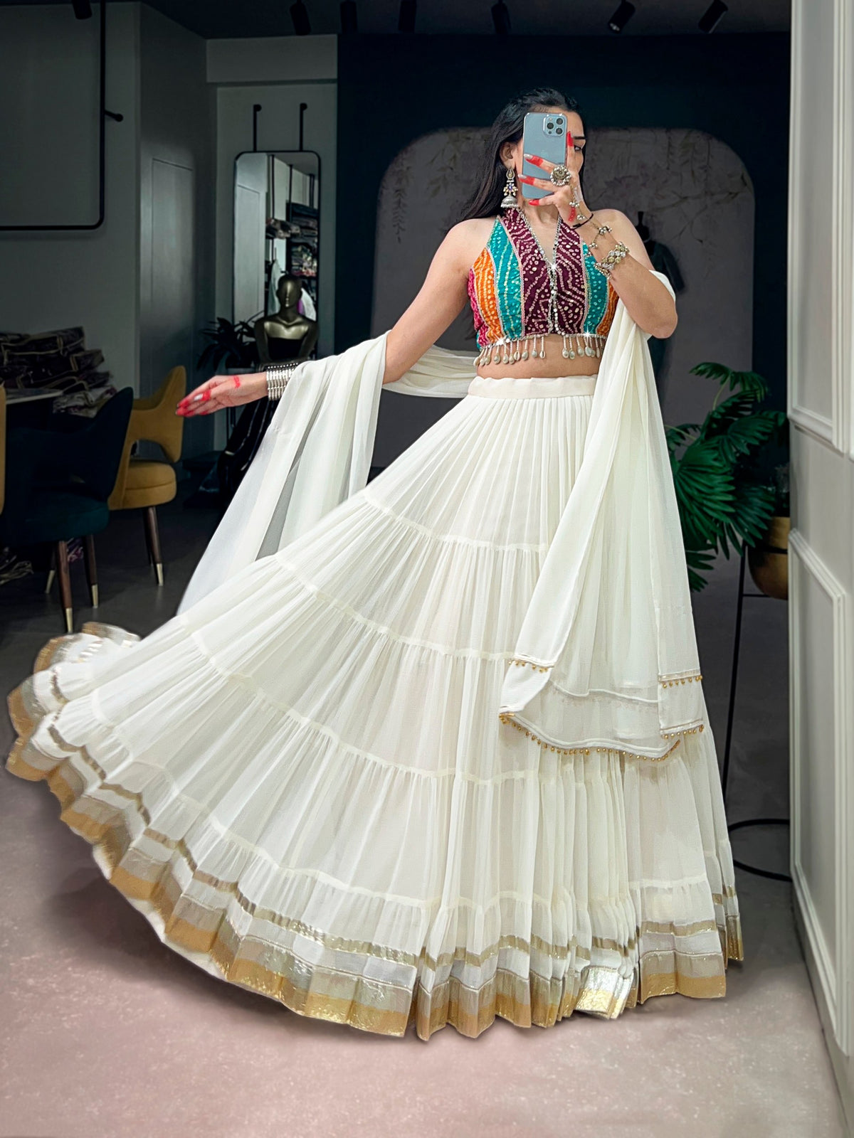 White Tiered Lehenga Choli with Bandhani Blouse