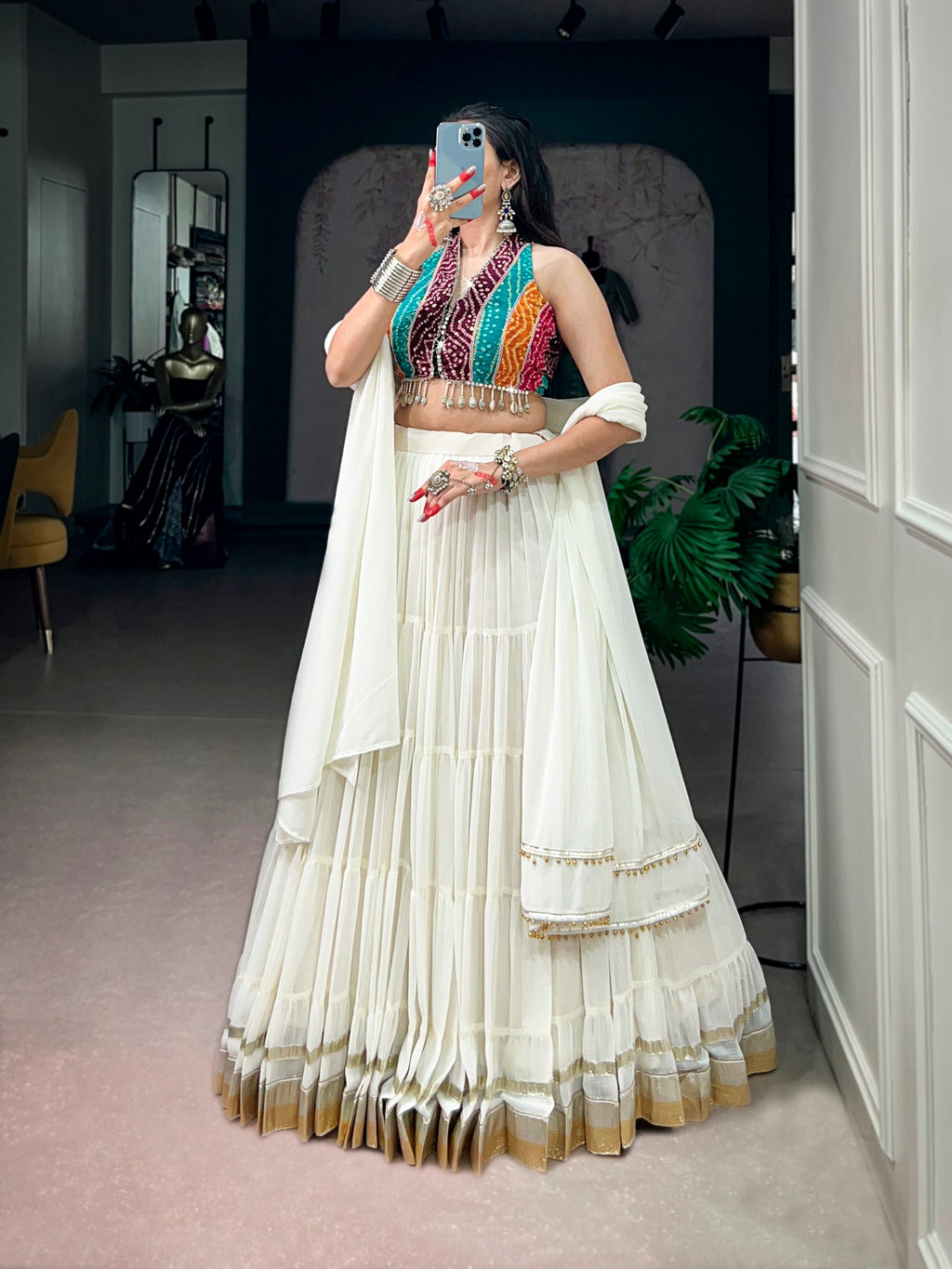 White Tiered Lehenga Choli with Bandhani Blouse