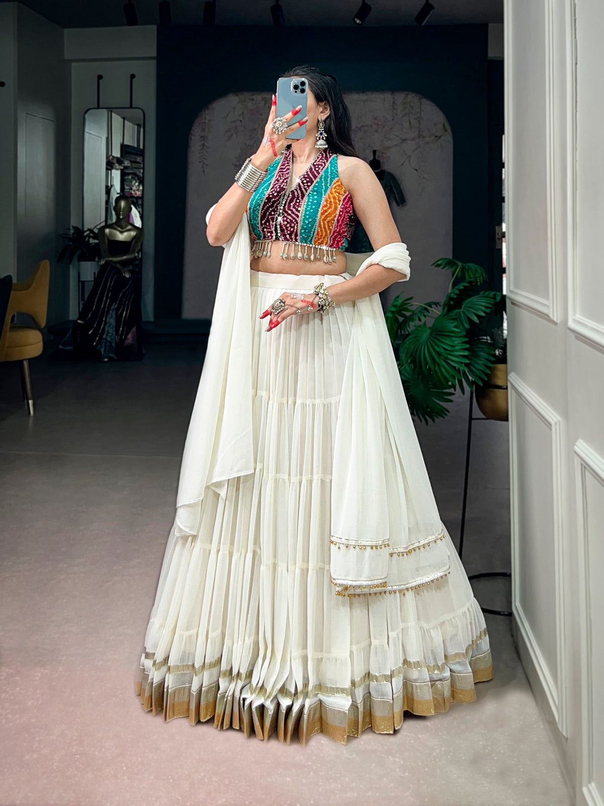 White Tiered Lehenga Choli with Bandhani Blouse