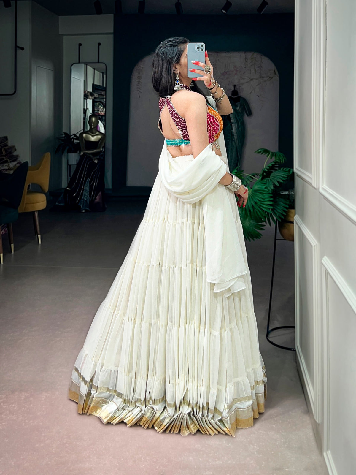White Tiered Lehenga Choli with Bandhani Blouse