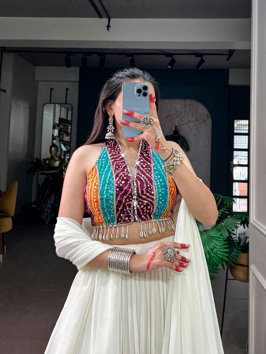 White Tiered Lehenga Choli with Bandhani Blouse